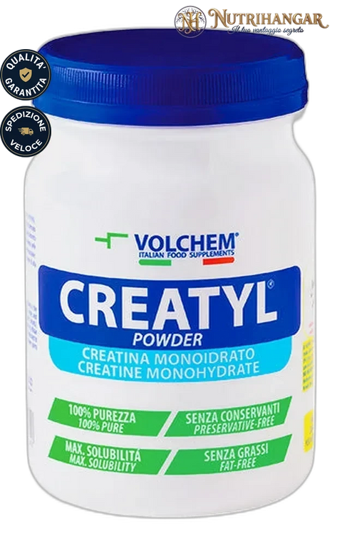 Confezione di Creatyl® Powder Volchem da 300g, creatina monoidrato pura in polvere.