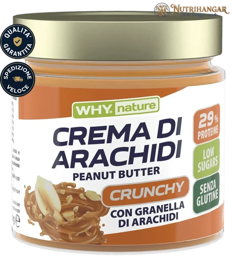 Barattolo di Crema di Arachidi Why Nature con pezzi di arachidi e etichetta 100% Gusto Crunchy