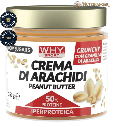 Barattolo di Crema di Arachidi Why Sport con 50% di proteine, senza zuccheri aggiunti.