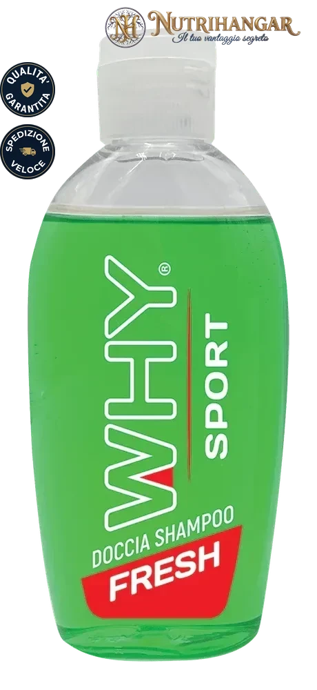 Flacone da 100ml di Doccia Shampoo Fresh Why Sport con note balsamiche per atleti.