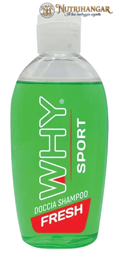 Flacone da 100ml di Doccia Shampoo Fresh Why Sport con note balsamiche per atleti.
