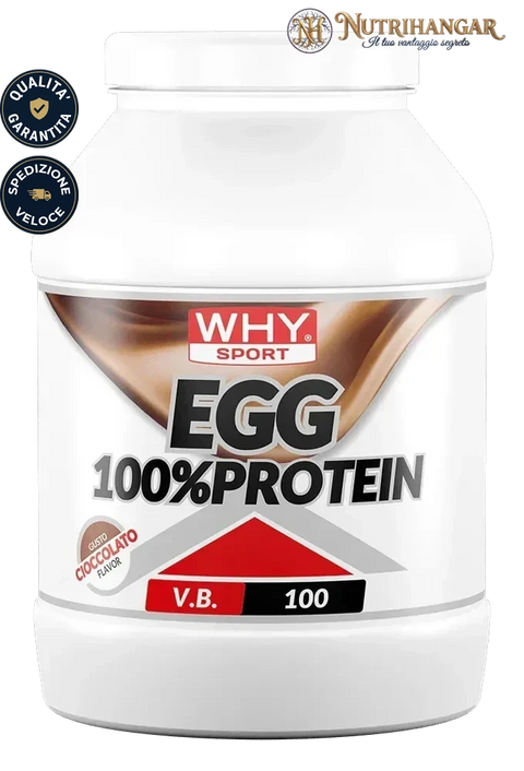 Barattolo di Egg 100% Protein Why Sport, preparato in polvere di proteine dell'uovo senza lattosio. Gusto Cioccolato
