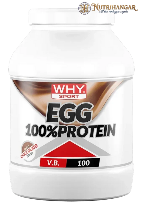 Barattolo di Egg 100% Protein Why Sport, preparato in polvere di proteine dell'uovo senza lattosio. Gusto Cioccolato