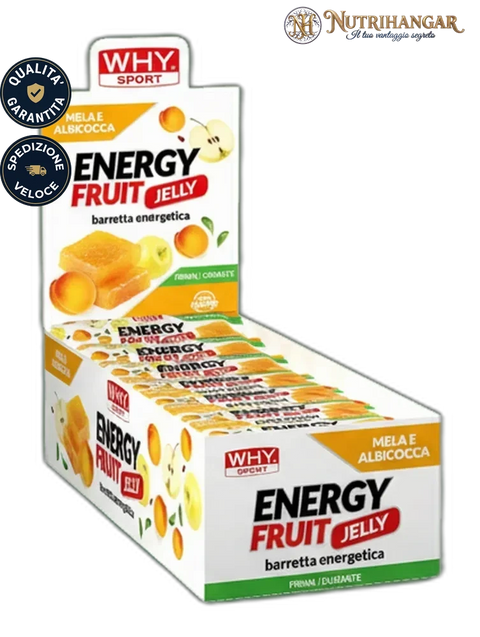Barretta energetica Energy Fruit Why Sport gusto frutta aperta sulla confezione. Gusto Mela e Albicocca Box 35 pz