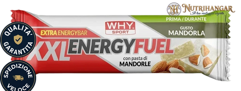 Barretta energetica grande Energy Fuel XXL Why Sport, con consistenza morbida di pasta di mandorle. Gusto Mandorla