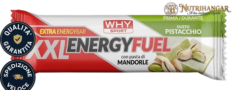 Barretta energetica grande Energy Fuel XXL Why Sport, con consistenza morbida di pasta di mandorle. Gusto Pistacchio