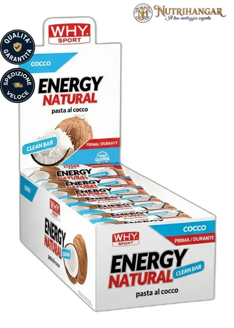 Barretta energetica Energy Natural Why Sport a base di pasta di cocco con due soli ingredienti. Gusto Cocco Box 30 pz