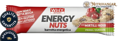 Barretta Energy Nuts Why Sport aperta con frutta secca e semi visibili Gusto Mirtilli Rossi