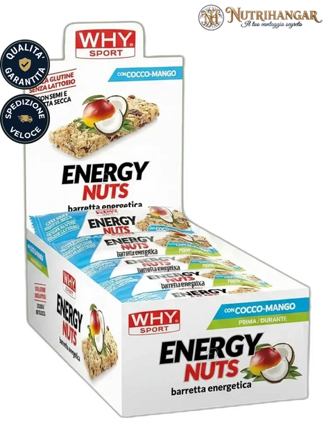 Barretta Energy Nuts Why Sport aperta con frutta secca e semi visibili Gusto Cocco Mango Box 30 pz