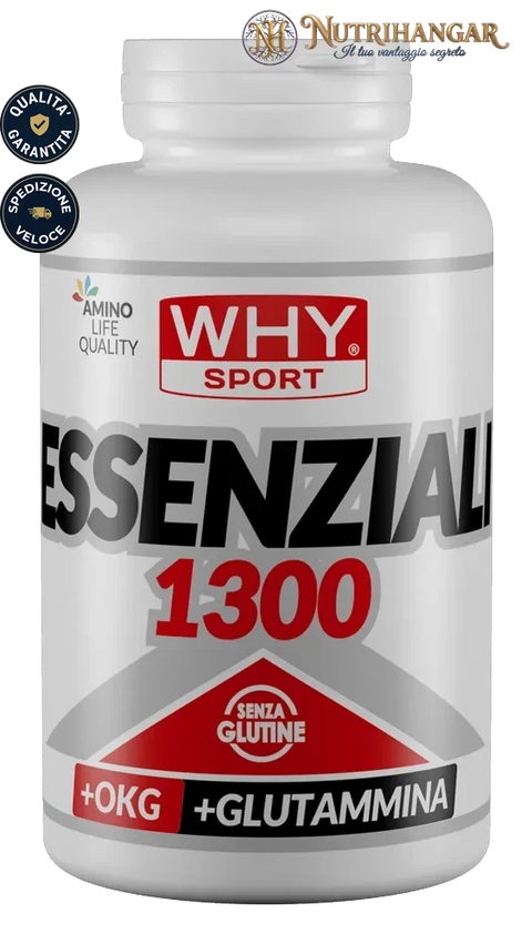 Flacone di Essenziali 1300 Why Sport con compresse di aminoacidi