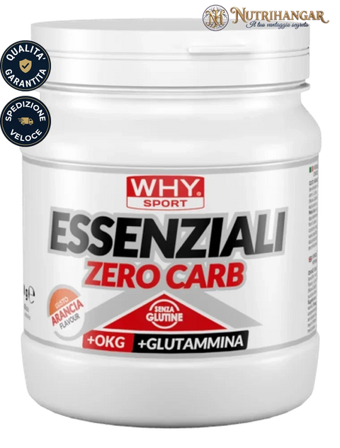 Barattolo di Essenziali Zero Carb Why Sport in polvere con misurino Gusto Arancia