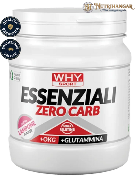 Barattolo di Essenziali Zero Carb Why Sport in polvere con misurino Gusto Lampone