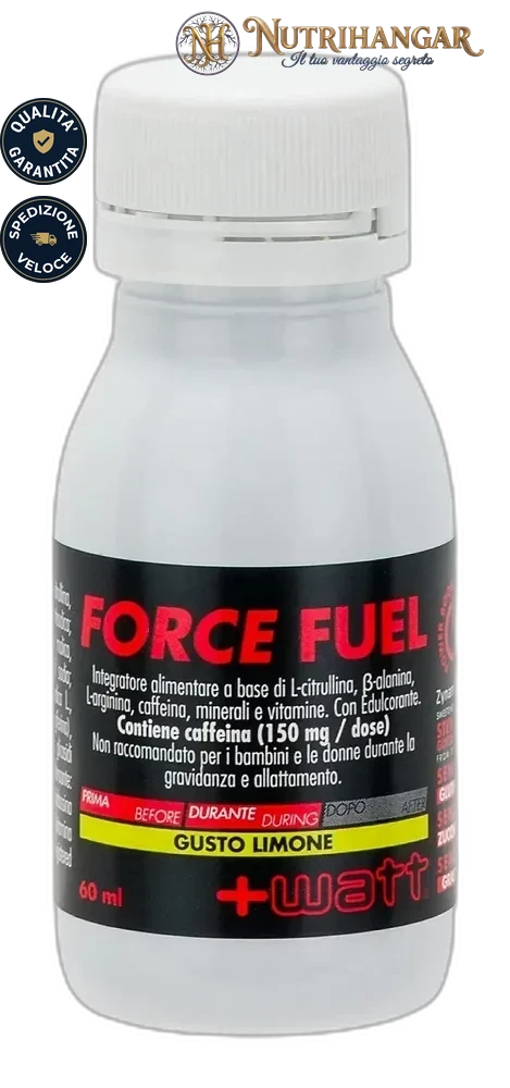 Shot liquido Force Fuel +Watt da 60ml per energia pre-allenamento e focus mentale. Limone
