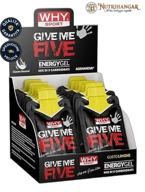 Gel energetico Give Me Five Why Sport pronto all'uso per sportivi Gusto Limone Box 18 gel
