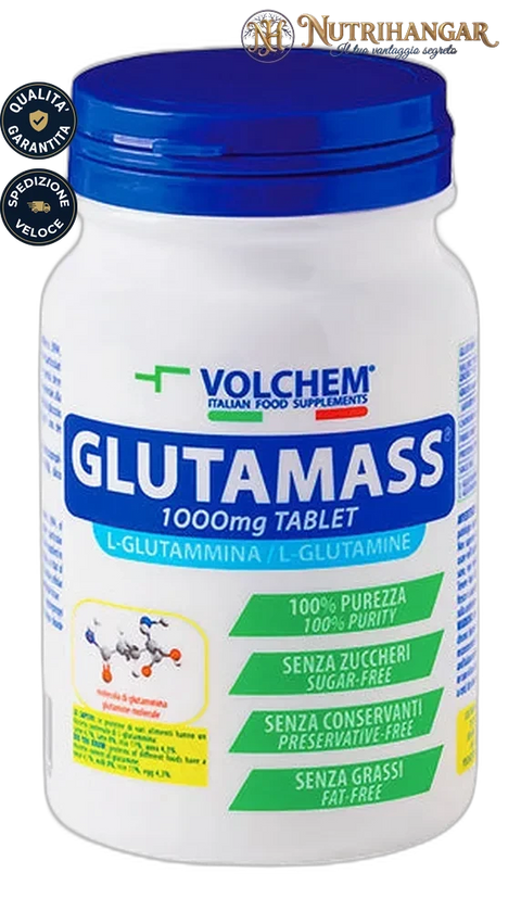 Confezione di Glutamass® Volchem, integratore di glutammina pura in compresse da 1 grammo.