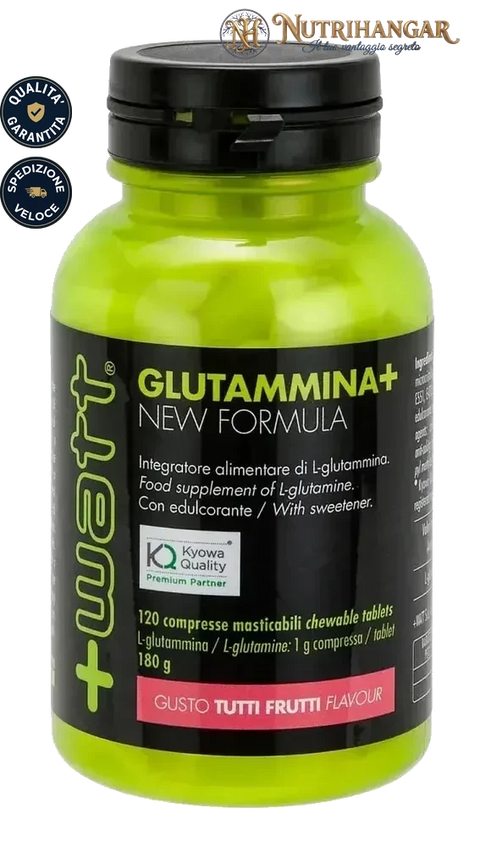 Confezione Glutammina+ - +Watt integratore recupero e sistema immunitario Gusto Tutti i Frutti 120 cps