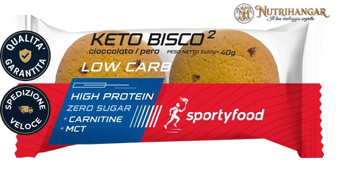 Snack Keto Bisco² Sportyfood preparato alimentare proteico a ridotto apporto di zuccheri. Cioccolato Pera