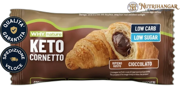 Immagine del Keto Cornetto Why Nature, croissant proteico a ridotto contenuto di zuccheri. Cioccolato