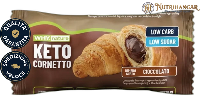 Immagine del Keto Cornetto Why Nature, croissant proteico a ridotto contenuto di zuccheri. Cioccolato