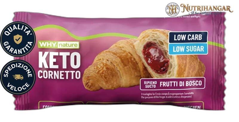 Immagine del Keto Cornetto Why Nature, croissant proteico a ridotto contenuto di zuccheri.  Frutti di Bosco