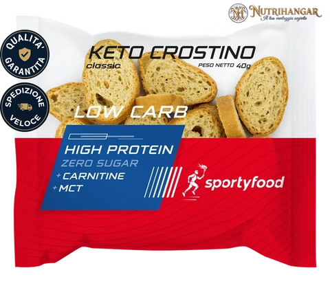 Snack salato Keto Crostino classic SportyFoods ad alto contenuto proteico per sportivi.