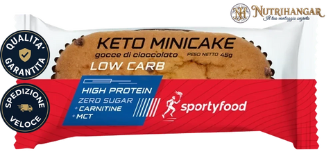 Snack proteico Keto Minicake SportyFoods a ridotto contenuto di zuccheri per dieta chetogenica. Gocce di Cioccolato