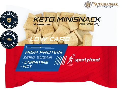 Confezione di Keto Minisnack al sesamo SportyFood, snack croccanti a ridotto contenuto di carboidrati.