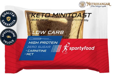 Confezione di Minitoast cacao twist SportyFood ad alto contenuto proteico.