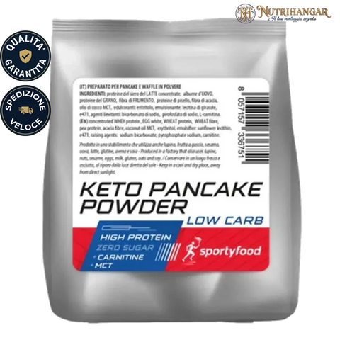 Preparato in polvere Keto Pancake Powder Sportyfoods per pancake proteici e waffle senza zuccheri.