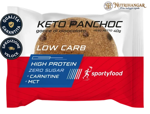 Dettaglio interno delle gocce di cioccolato nel Keto Panchoc con gocce di cioccolata Sportyfood.