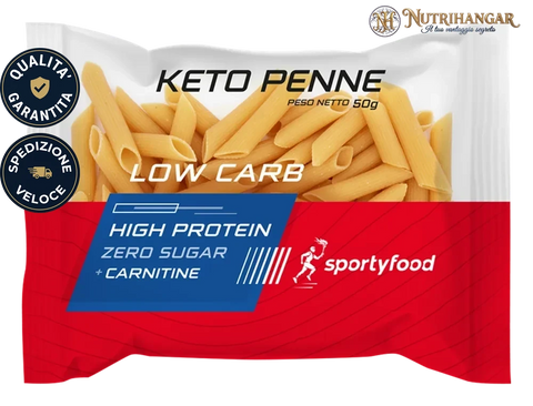 Primo piano di Keto Penne Sportyfood, la pasta proteica ideale per la dieta chetogenica.