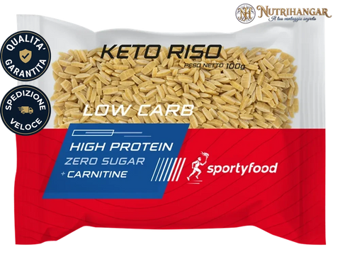 Confezione di Keto Riso Sportyfood preparato alimentare proteico a ridotto contenuto di carboidrati.