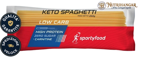 Confezione di Keto Spaghetti Sportyfood, pasta proteica per dieta chetogenica.