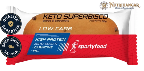 Confezione di Keto Superbisco Sportyfood, biscotto proteico per dieta chetogenica. Goccie di Cioccolato