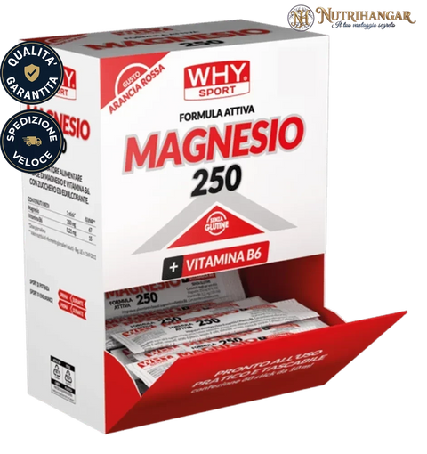 Stick di Magnesio 250 Why Sport contro stanchezza muscolare Gusto Arancia Rossa Box 60 pz
