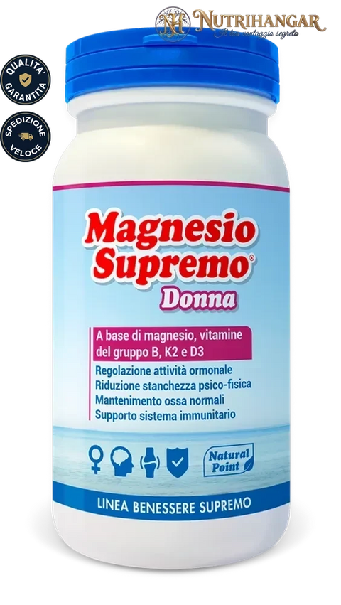 Dettaglio ingredienti Magnesio Supremo® Donna per il metabolismo energetico e la funzione muscolare.