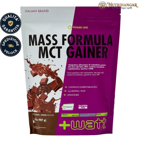 Confezione MASS FORMULA MCT Gainer +Watt integratore massa muscolare Gusto Cacao