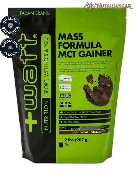 Confezione MASS FORMULA MCT Gainer +Watt integratore massa muscolare Gusto Cacao