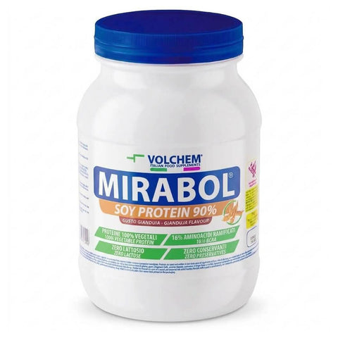 Confezione di Mirabol® Soy Protein 90 Volchem, integratore di proteine isolate di soia. Barattolo da 750 gr Gianduia
