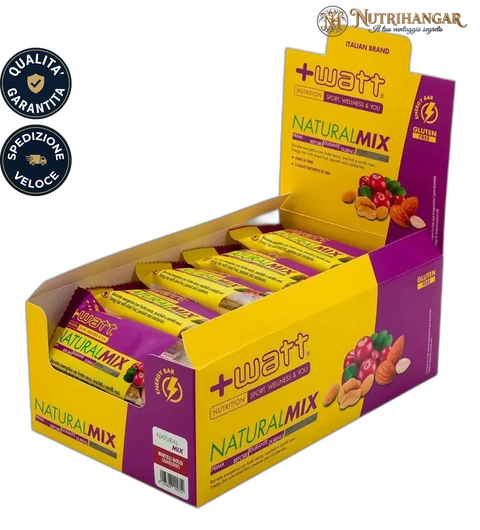 Confezione Natural Mix +Watt barretta energetica frutta secca Gusto Arachidi e Mirtilli Rossi Box 24 pz