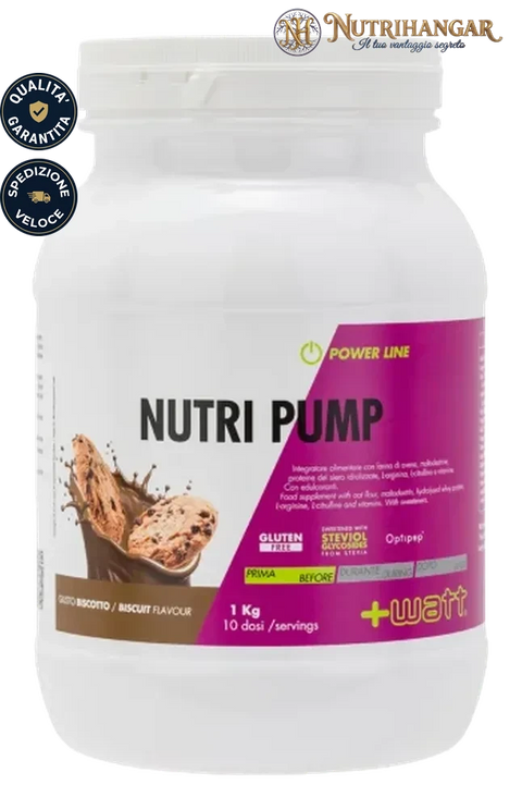Confezione Nutri Pump +Watt integratore pre workout potenza Gusto Biscotto