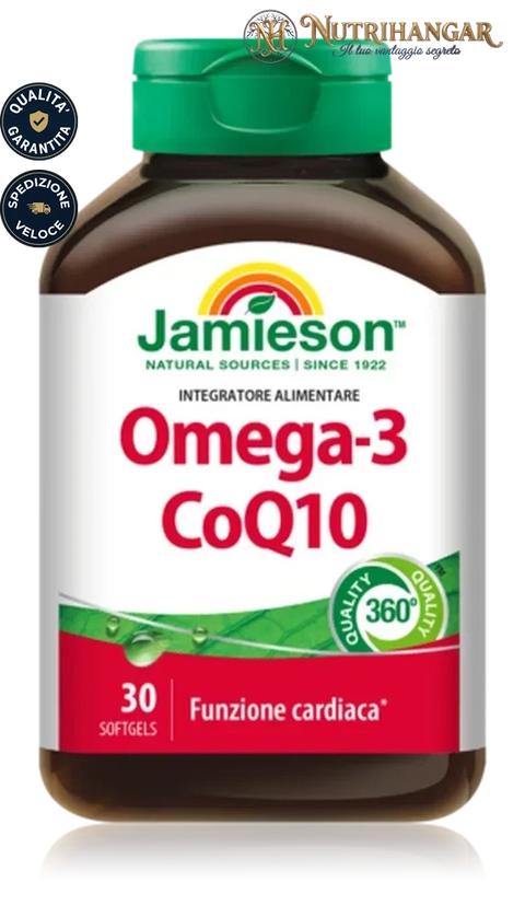 Confezione di Omega-3 CoQ10 Jamieson integratore per il cuore e l'energia.