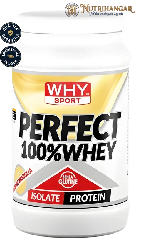 Barattolo di Perfect 100% Whey Why Sport Gusto Fior di Vaniglia 450 gr