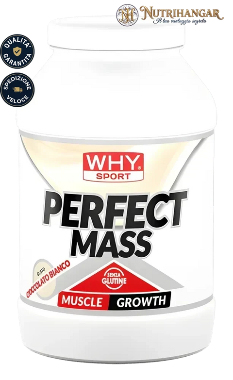 Barattolo di Perfect Mass Whey Why Sport gusto vaniglia e misurino Gusto Cioccolato Bianco