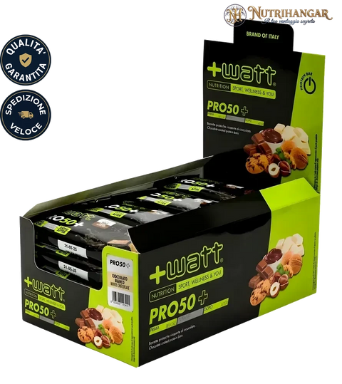 Confezione Pro50+ - +Watt barretta proteica 50g cioccolato Gusto Cioccolato Bianco Box 24 pz