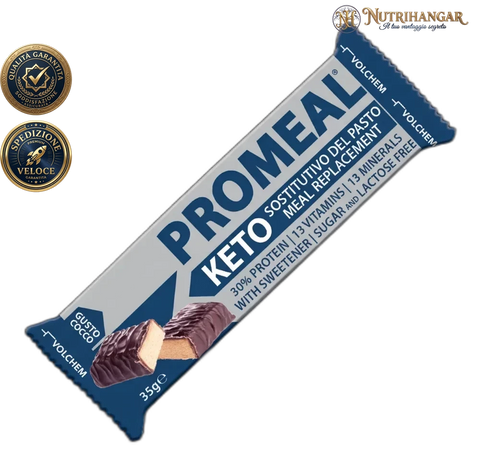Confezione di Promeal® Keto Volchem barretta sostitutivo pasto keto. Gusto Cocco