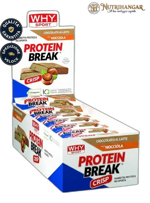 Barretta proteica Protein Break Why Sport per il recupero e la massa muscolare Gusto Nocciola Box 30 pz