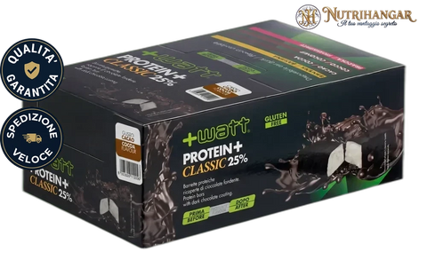 Confezione di Protein+ Classic +Watt barretta proteica fondente Gusto Cacao Box 24 pz