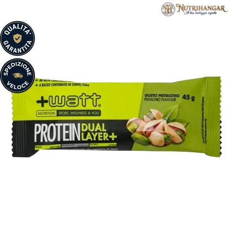 Barretta proteica Protein Dual Layer+ +Watt multistrato con copertura al cacao fondente. Pistacchio