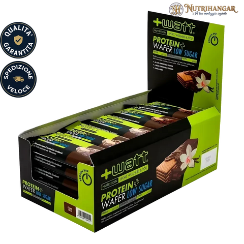 Confezione di Protein+ Wafer Low Sugar +Watt wafer proteico vaniglia Gusto Cacao Box 25 pz